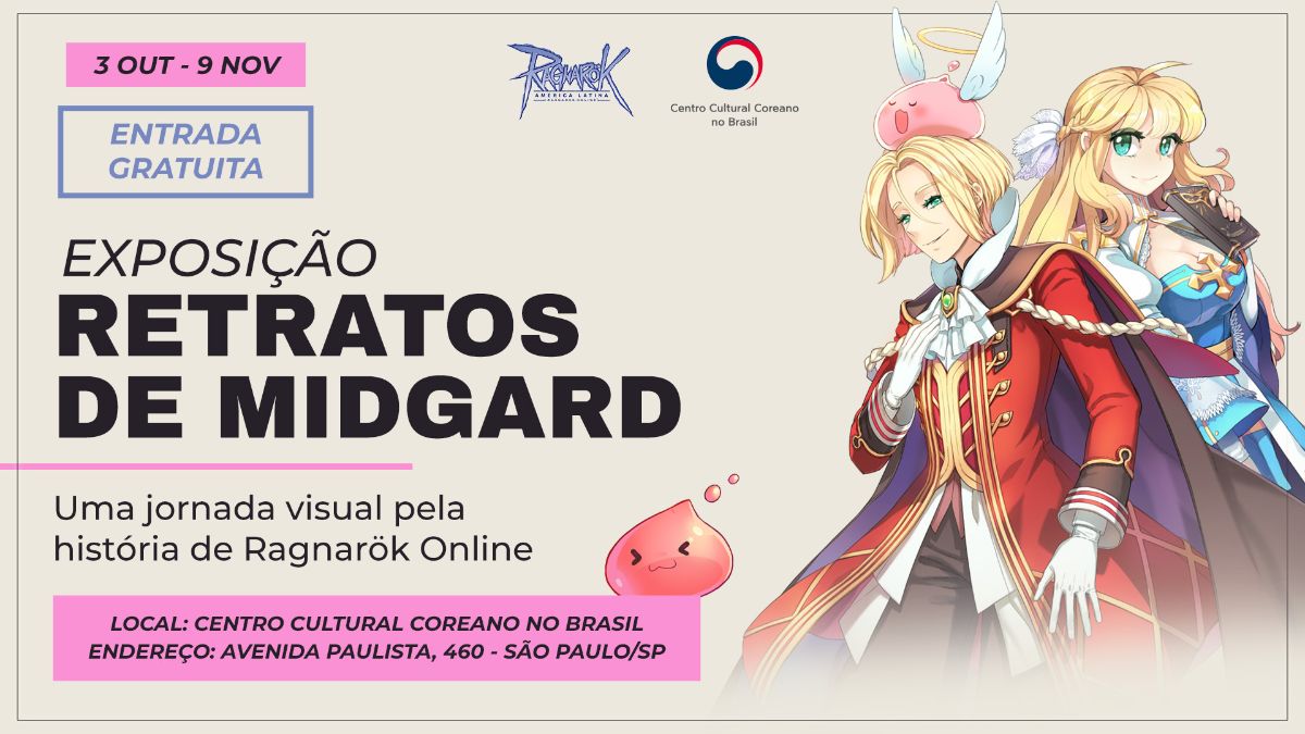 Arte promocional da exposição Retratos de Midgard de Ragnarök Online LATAM no Centro Cultural Coreano em São Paulo, destacando personagens do jogo em estilo anime.