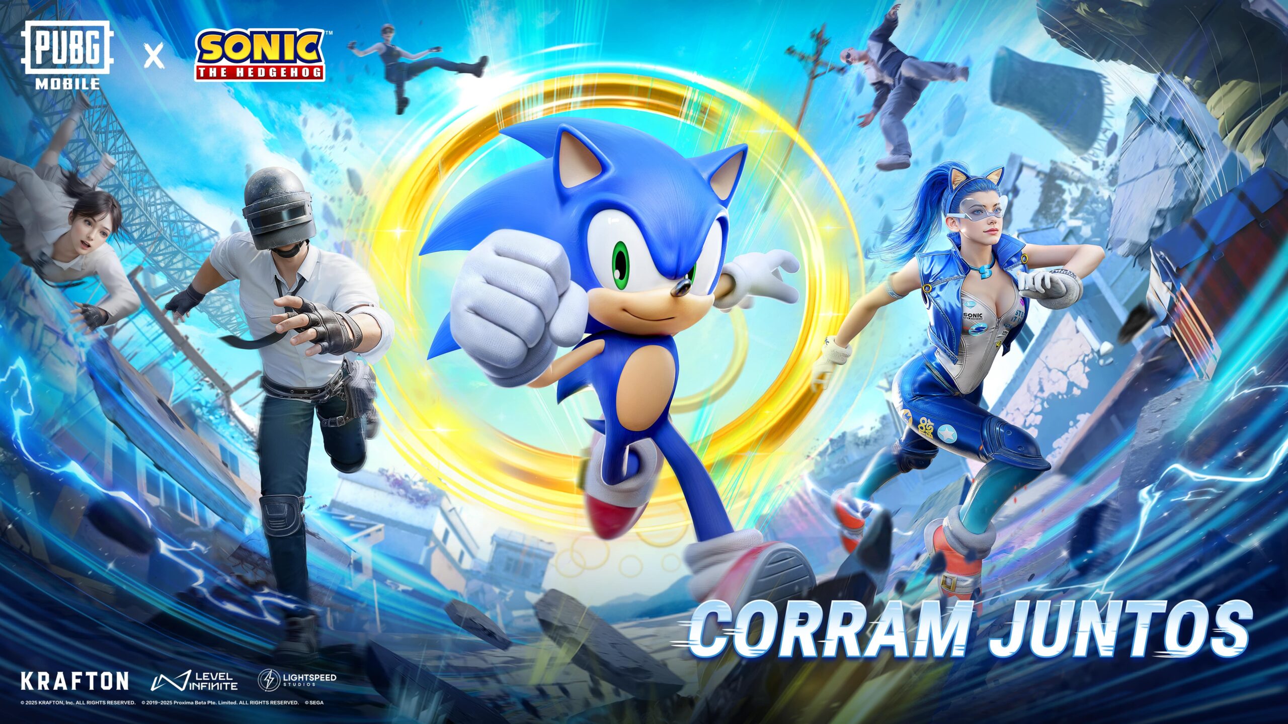 Sonic e personagens de PUBG MOBILE correndo juntos em um cenário futurista, destacando a colaboração especial do jogo com a franquia Sonic The Hedgehog.