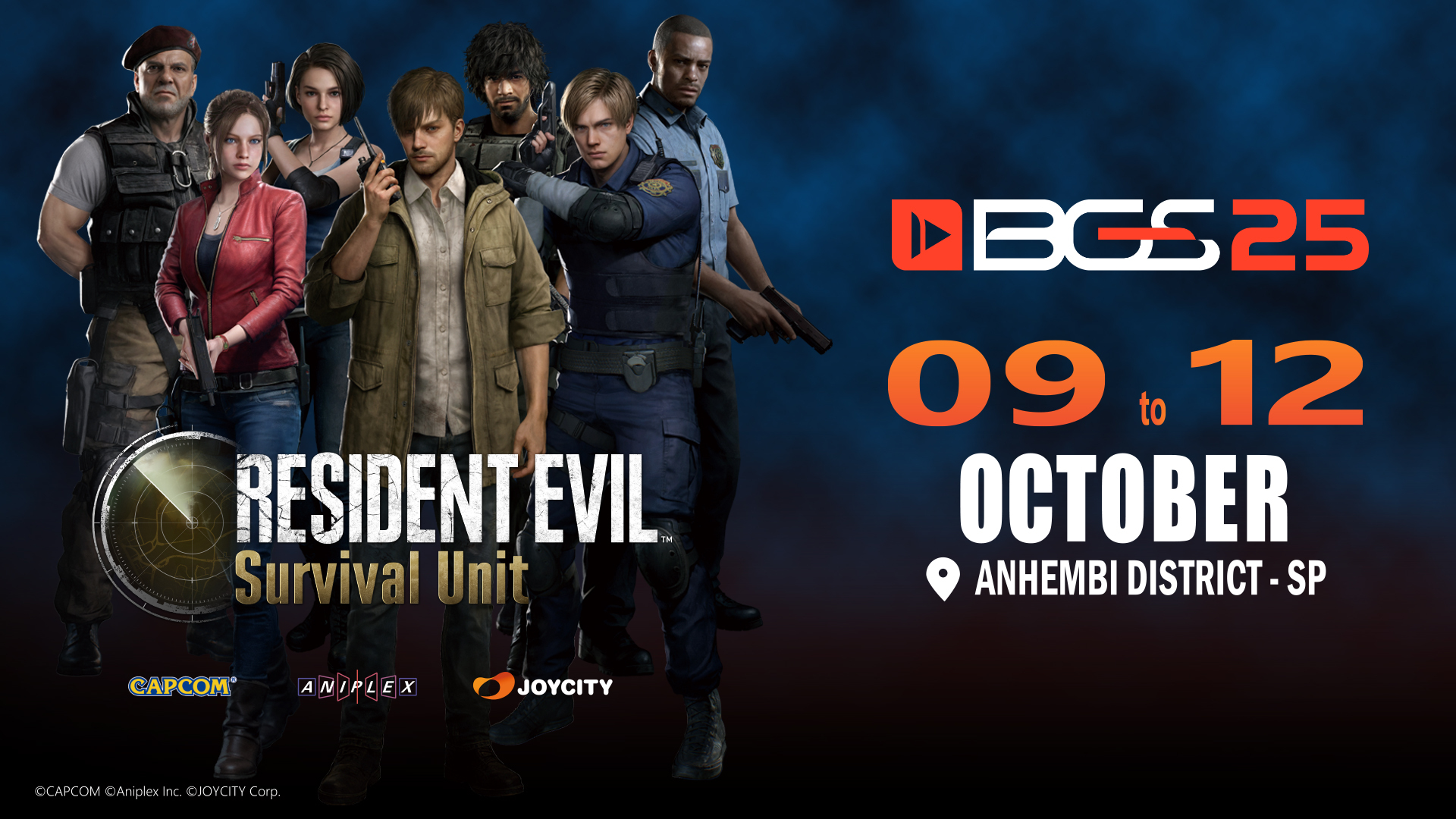 Personagens icônicos de Resident Evil Survival Unit anunciam demo jogável na BGS 2025, com data e local do evento em destaque.