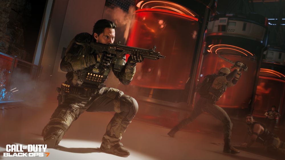 Soldados armados em ação no Beta de Call of Duty: Black Ops 7, enfrentando inimigos em cenário futurista cheio de tensão e combate intenso.