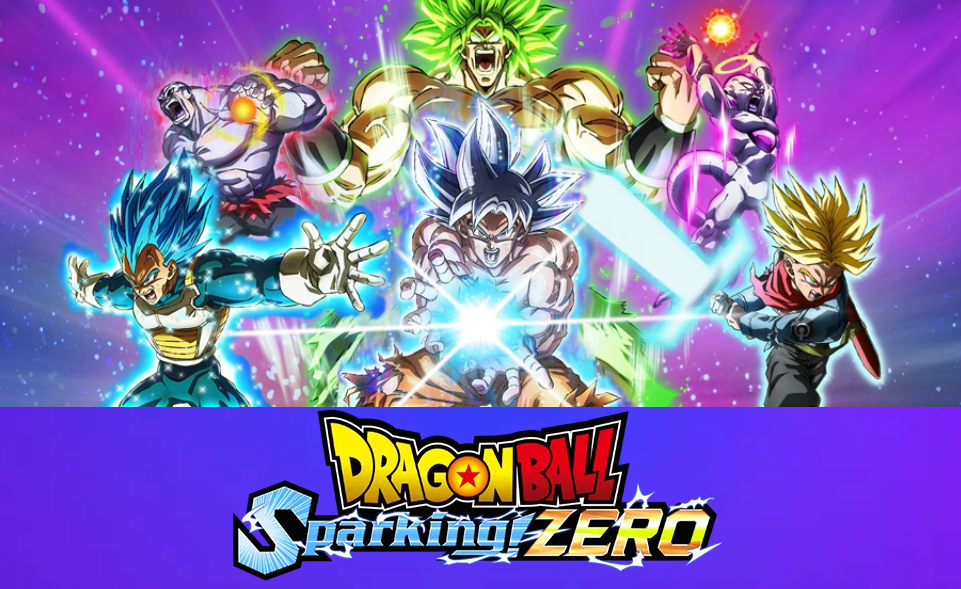 Arte promocional de Dragon Ball: Sparking! ZERO, mostrando personagens icônicos da série em combate, com efeitos de energia vibrantes ao fundo.