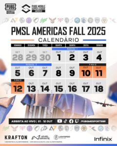 Calendário completo da PUBG MOBILE Super League Americas Fall 2025 com datas das rodadas, finais e transmissões ao vivo do campeonato.