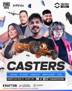 Casteres oficiais da PUBG MOBILE Super League Americas Fall 2025, incluindo Leona, Stoker, Ferzote, Repulsor e Kadi, com logos de patrocinadores e canais de transmissão.