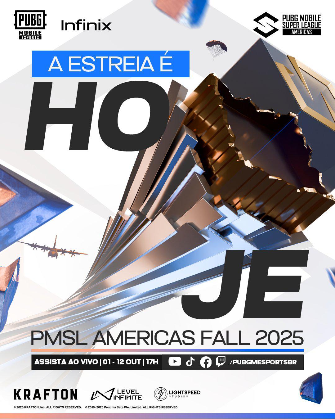 Anúncio oficial da estreia da PUBG MOBILE Super League Americas Fall 2025 com chamada para assistir ao vivo e logos dos patrocinadores.