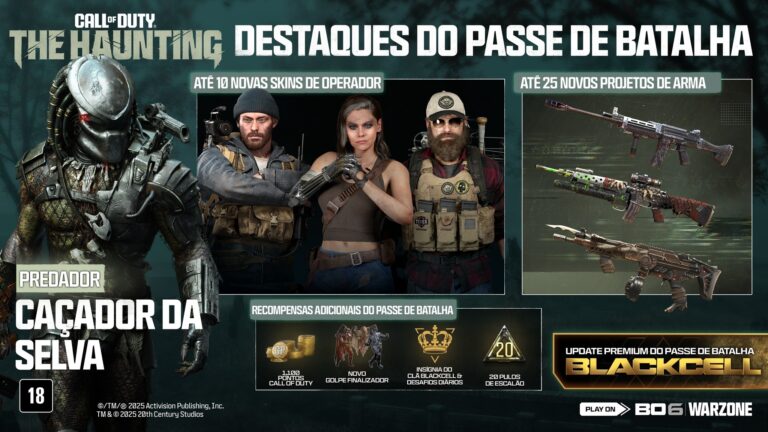 Passe de Batalha de Call of Duty The Haunting exibindo Predador, novos operadores, armas exclusivas e recompensas premium da BlackCell.