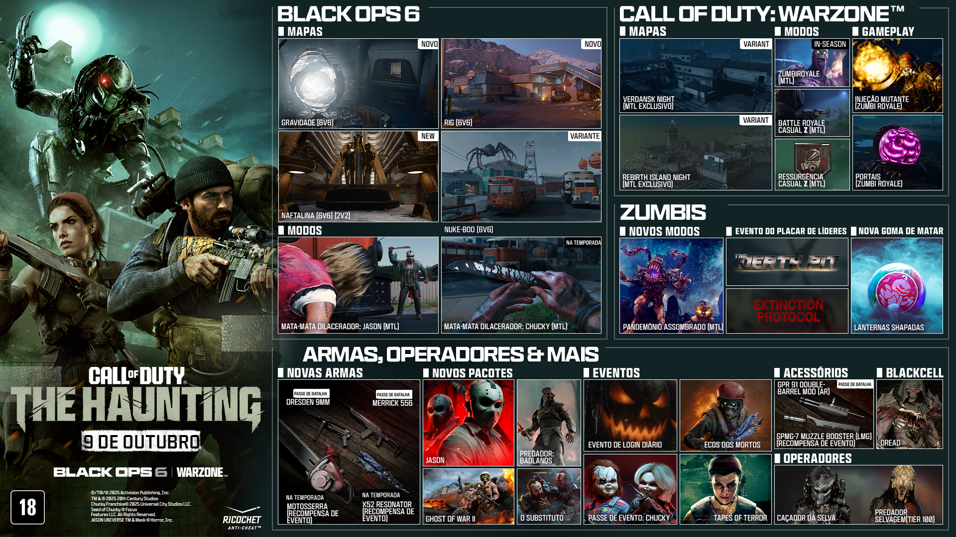 Call of Duty The Haunting — Arte promocional da Temporada 6 com mapas, modos de jogo, operadores lendários e eventos de Halloween.