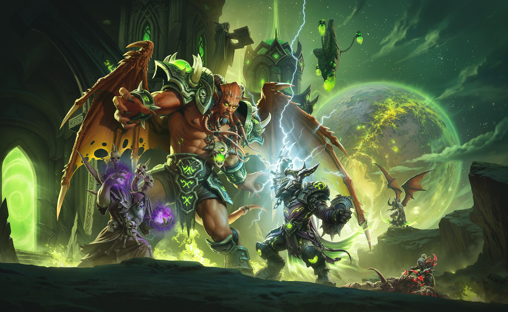 Heróis enfrentam um poderoso demônio nas Terras Partidas em uma batalha épica de World Of Warcraft, com portais verdes e energia arcana iluminando o cenário.