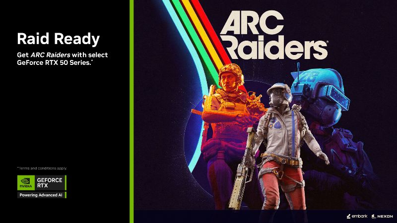 Personagens futuristas do jogo ARC Raiders em destaque na campanha promocional da NVIDIA GeForce RTX Série 50, com o slogan “Raid Ready” e design retrô iluminado por faixas coloridas.
