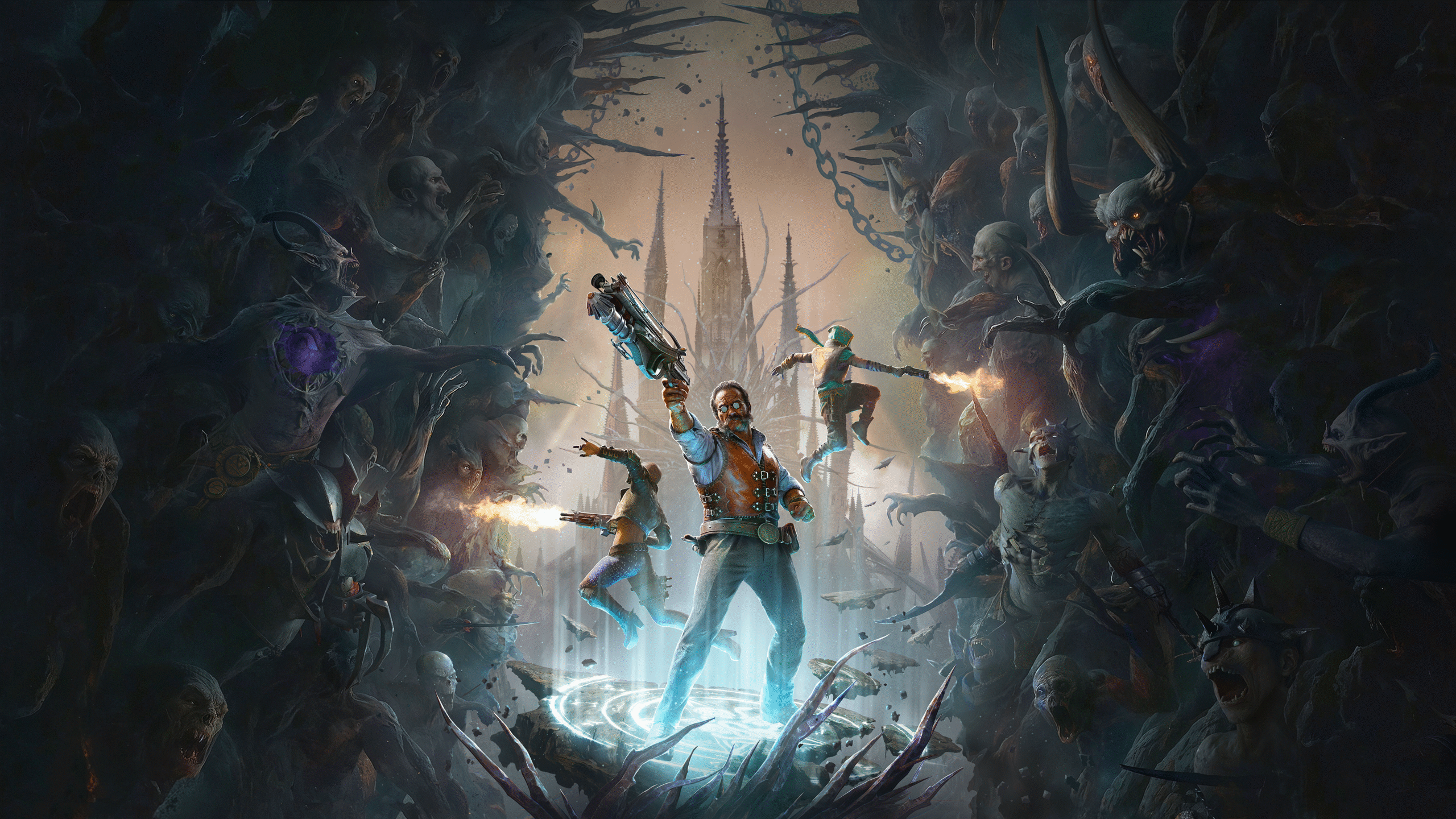 Arte oficial de Painkiller, mostrando heróis armados enfrentando hordas de demônios em um cenário sombrio e apocalíptico.