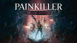 Arte promocional de Painkiller Deluxe Edition, mostrando heróis armados enfrentando demônios em um cenário sombrio e gótico.