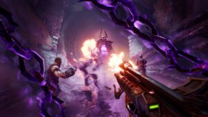 Jogador empunhando arma futurista contra hordas de monstros em ambiente sangrento e apocalíptico em Painkiller.
