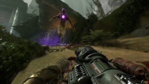 Disparo elétrico em primeira pessoa contra inimigos sobrenaturais em Painkiller, com cenário sombrio e detalhado.