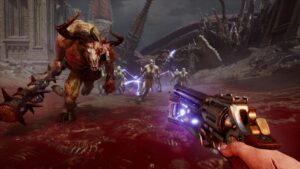 Jogador enfrentando criaturas demoníacas gigantes em combate sangrento no FPS Painkiller, com arma em primeira pessoa.