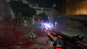 Ação intensa em Painkiller, com jogador usando arma elétrica contra hordas de inimigos em ambiente gótico.