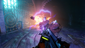 Disparo elétrico destruindo criaturas grotescas em um portão iluminado no jogo Painkiller, cheio de efeitos visuais sombrios.