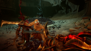 Combate brutal em Painkiller, jogador usando arma dourada contra criatura demoníaca com olhos brilhantes em cenário sombrio e sangrento.