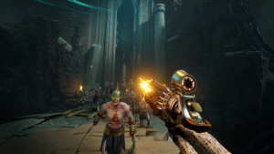 Horda de inimigos avançando em corredor sombrio enquanto jogador dispara arma mágica em Painkiller.