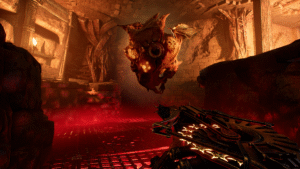 Criatura voadora monstruosa iluminada por luz vermelha em caverna sinistra sendo enfrentada por jogador em Painkiller.