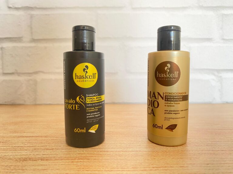 Shampoo Haskell Cavalo Forte e Condicionador Haskell Mandioca posicionados lado a lado.