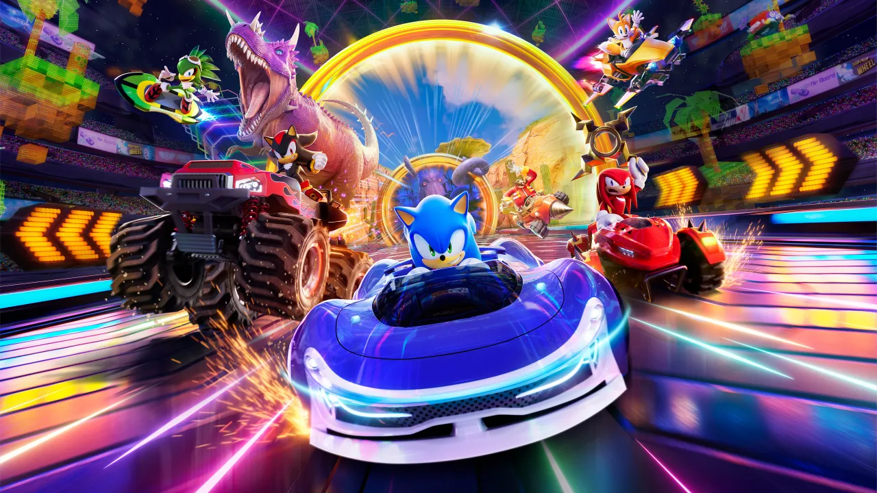 Personagens icônicos da SEGA, incluindo Sonic, Shadow, Knuckles e Tails, disputando corrida cheia de ação em Sonic Racing: CrossWorlds com veículos personalizados.