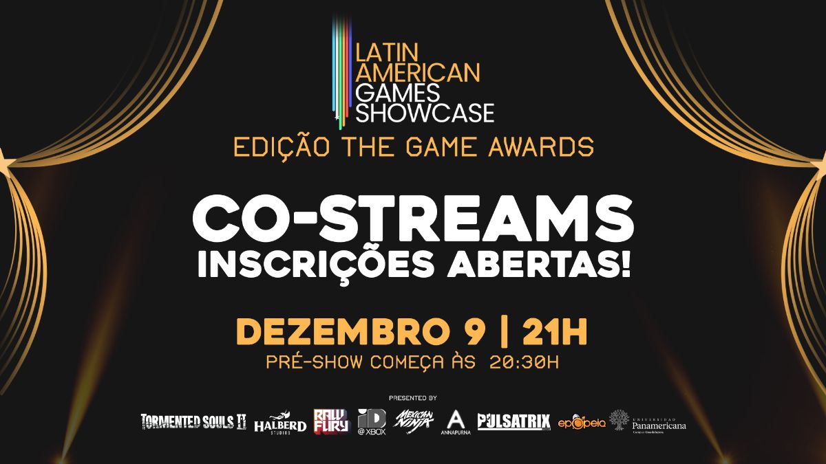 Banner do Latin American Games Showcase anunciando co-streams abertos para 9 de dezembro, em layout preto e dourado.