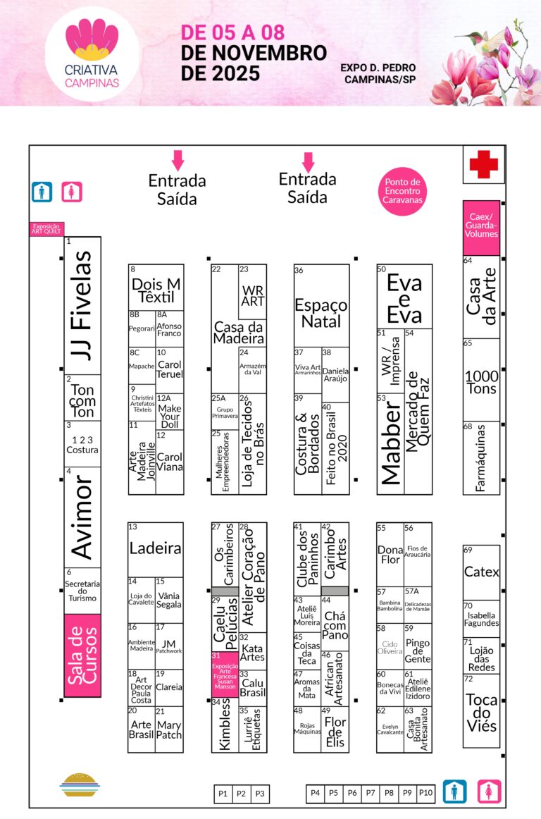 Mapa oficial da Criativa Campinas 2025 exibindo a planta completa do evento no Expo D. Pedro, com entradas, saídas, áreas de serviços, sala de cursos e localização dos estandes de marcas e artesãos participantes.