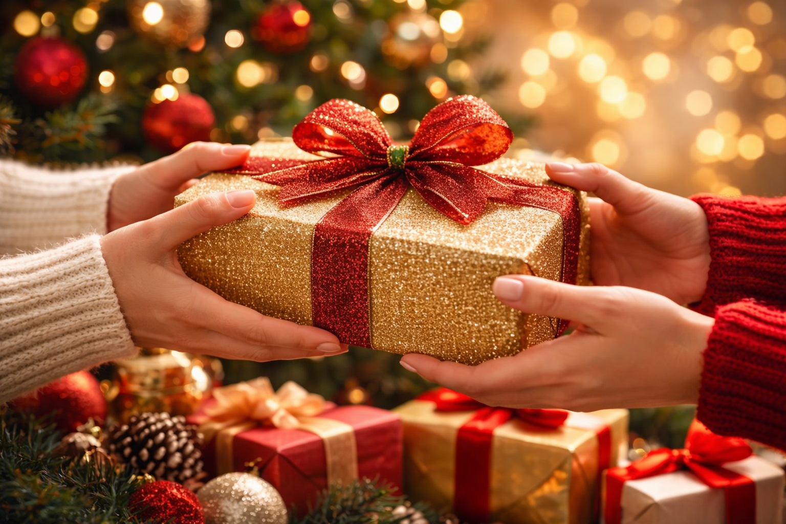 Troca de presentes no natal, com mãos entregando uma caixa dourada decorada, em ambiente iluminado e clima festivo.