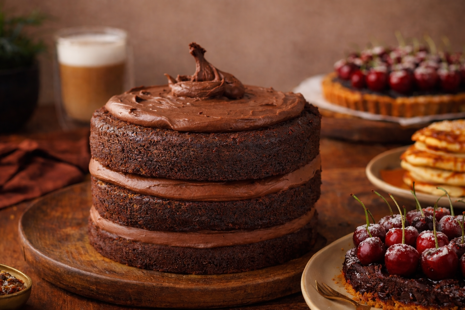 Bolo de chocolate plant-based com camadas cremosas, servido em mesa rústica, inspirado em receitas clássicas adaptadas com A Tal Da Castanha.