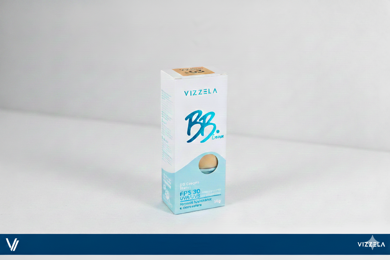 Embalagem do BB Cream Vizzela em tons de branco e azul claro, destacando o FPS 30 e o sistema pump airless.