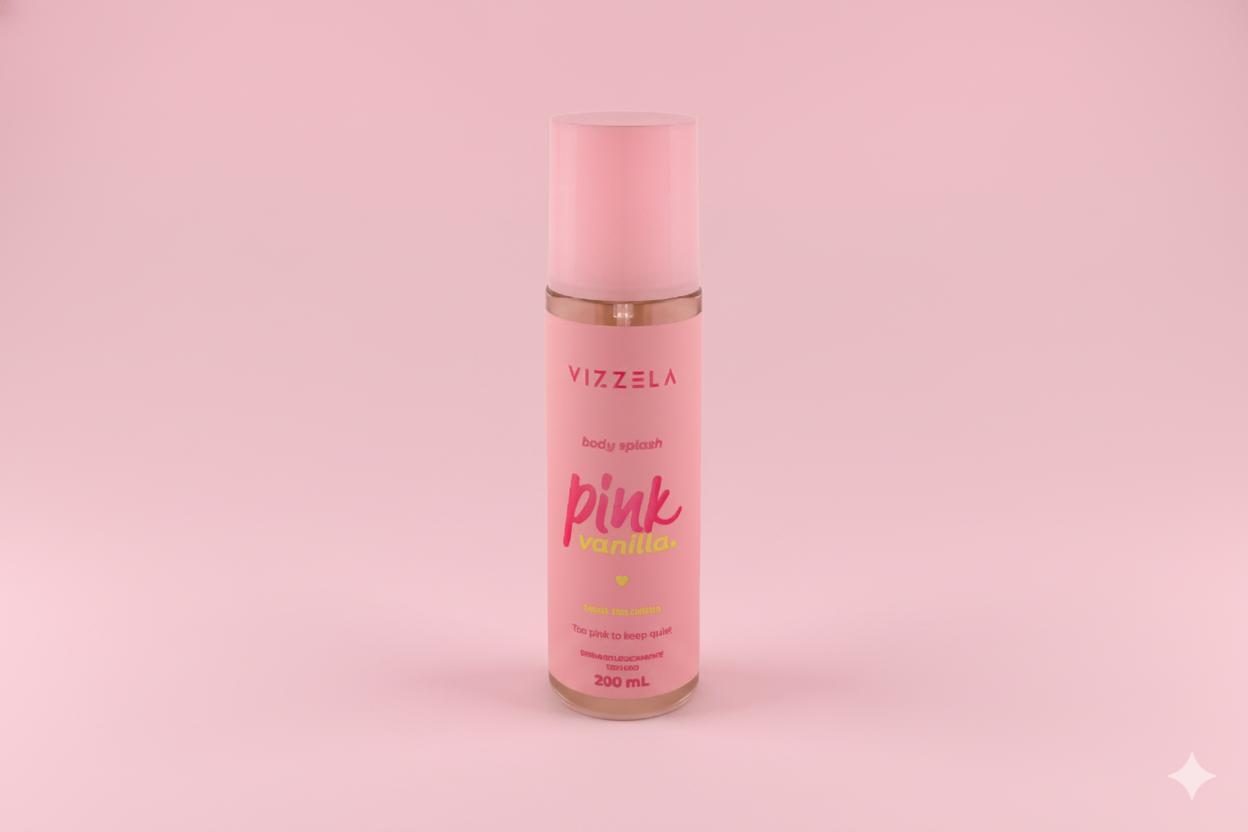 Body Splash Pink Vanilla da Vizzela em embalagem rosa, fragrância corporal leve com toque de baunilha, produto vegano e cruelty-free.