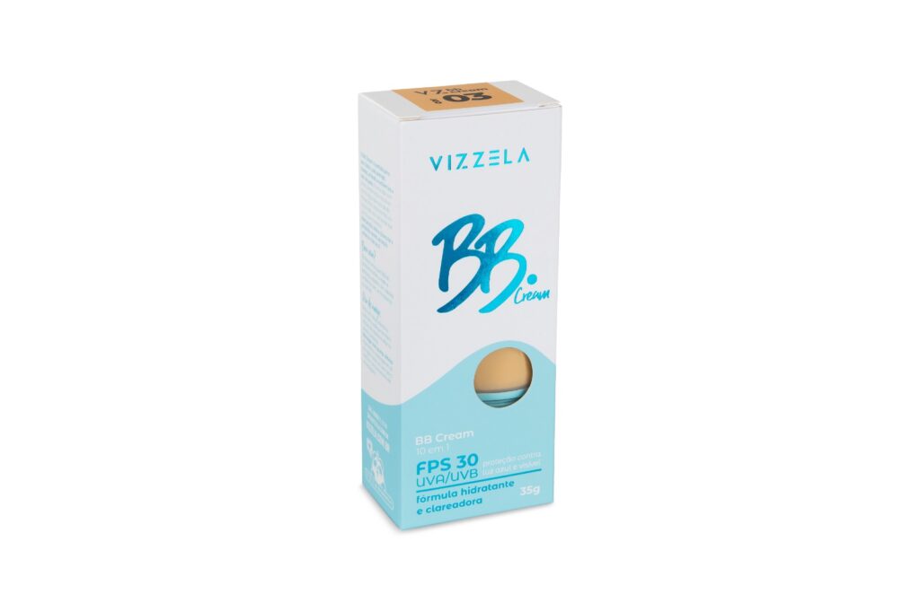 Embalagem do BB Cream Vizzela em tons de branco e azul claro, destacando o FPS 30 e o sistema pump airless.