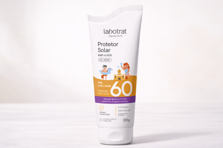 Protetor solar baby e kids FPS 60 da labotrat Dermo Sun, em gel creme, hipoalergênico, resistente à água e indicado para crianças.