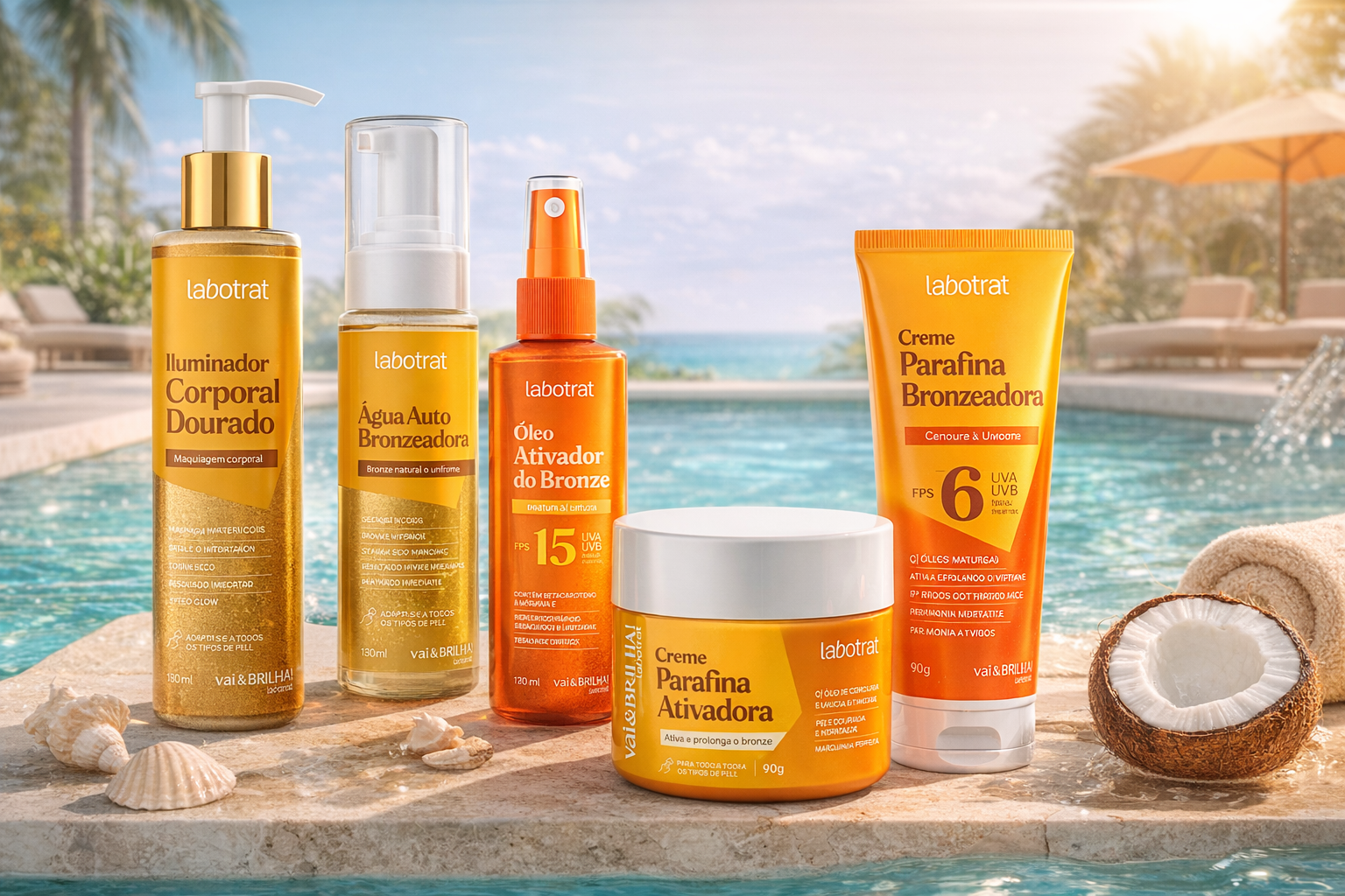 Produtos labotrat da linha Vai&Brilha dispostos à beira da piscina, com iluminador corporal, água autobronzeadora, óleo ativador, creme ativador e bronzeador.