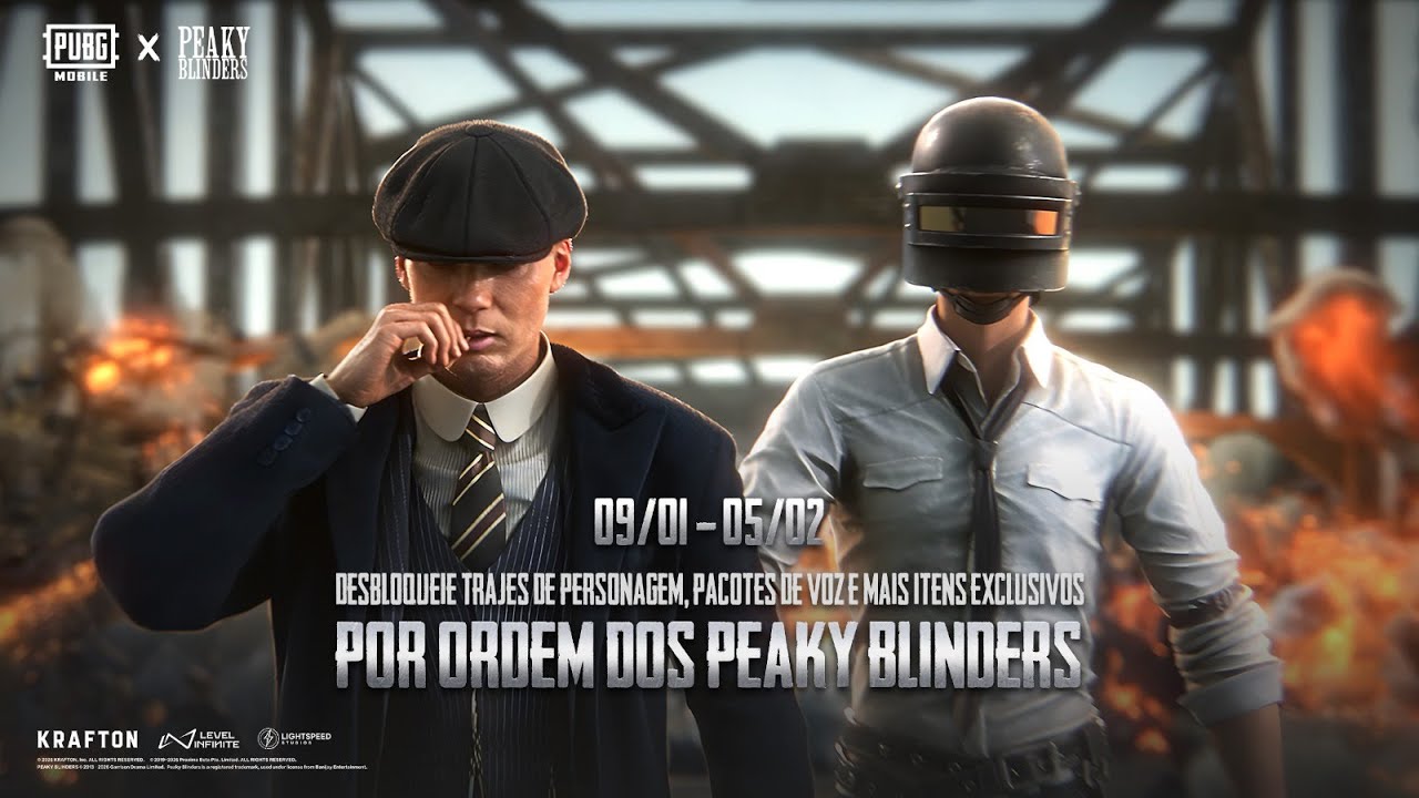 Imagem promocional do PUBG Mobile com colaboração Peaky Blinders apresenta Thomas Shelby, skins exclusivas e período do evento especial.