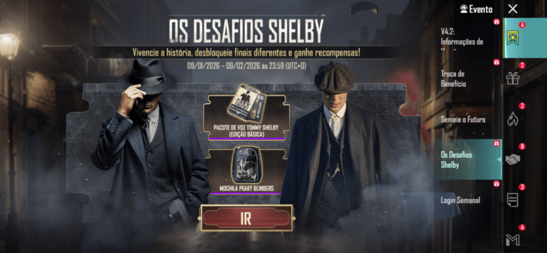 Evento Os Desafios Shelby no PUBG Mobile mostra personagens inspirados em Peaky Blinders, recompensas exclusivas e narrativa interativa por capítulos.