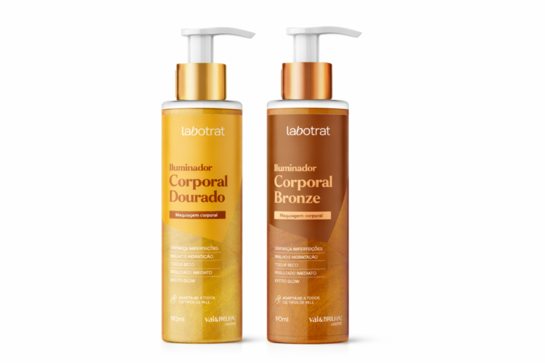 Iluminadores Corporais labotrat Vai&Brilha nas versões Dourado e Bronze, maquiagem corporal com efeito glow, hidratação e brilho imediato.