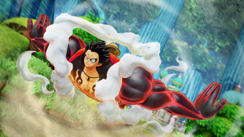 Imagem promocional de Luffy em combate aéreo usando Gear, com efeitos de fumaça e cenário vibrante em ONE PIECE: PIRATE WARRIORS 4.