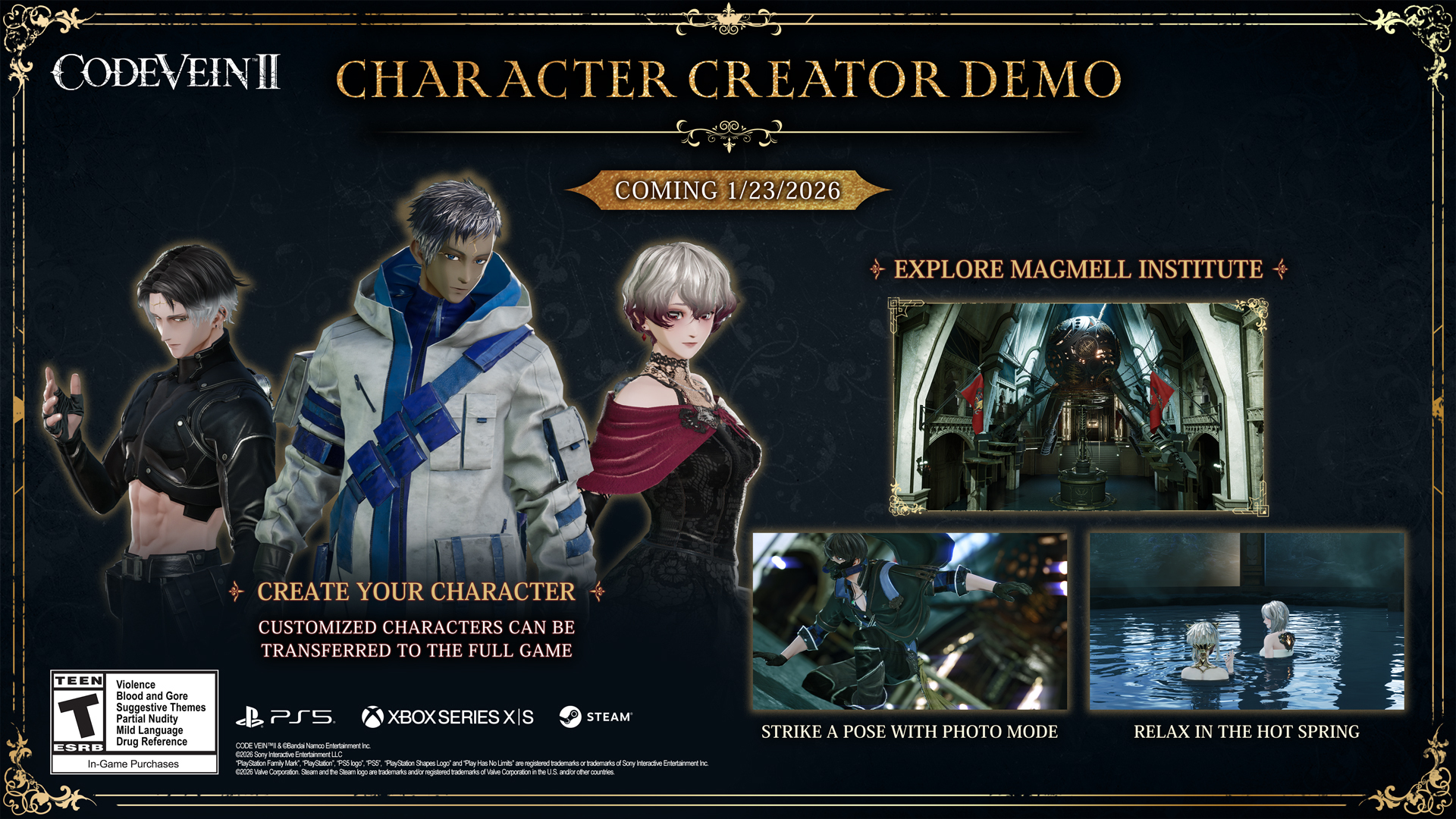 Imagem promocional de Code Vein II destacando a demo do criador de personagens, com três personagens personalizáveis, cenários do Instituto MagMell, modo foto e data de lançamento da demo em 2026.