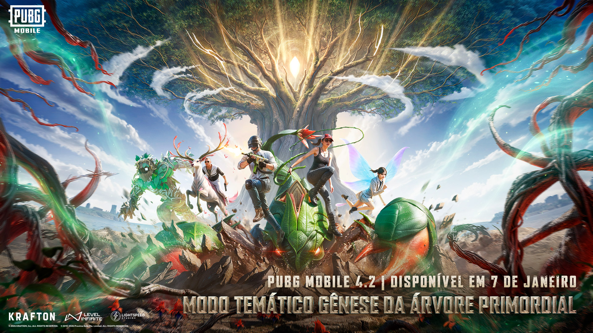Ilustração oficial de PUBG Mobile mostrando o modo temático Gênese da Árvore Primordial, com personagens em combate, criaturas mágicas e a Árvore Primordial ao centro do cenário.