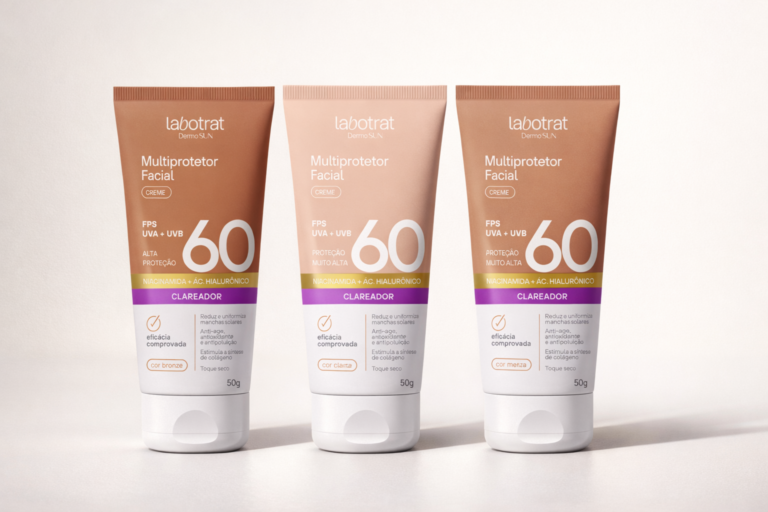 Multiprotetor facial creme FPS 60 da labotrat Dermo Sun, disponível em diferentes tons, com ação clareadora e proteção solar diária.