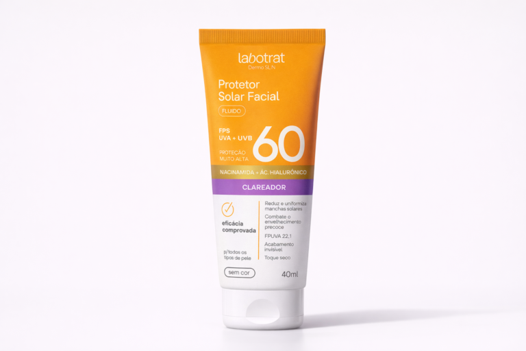 Protetor solar facial fluido FPS 60 da labotrat Dermo Sun, com niacinamida e ácido hialurônico, acabamento seco e proteção UVA e UVB.