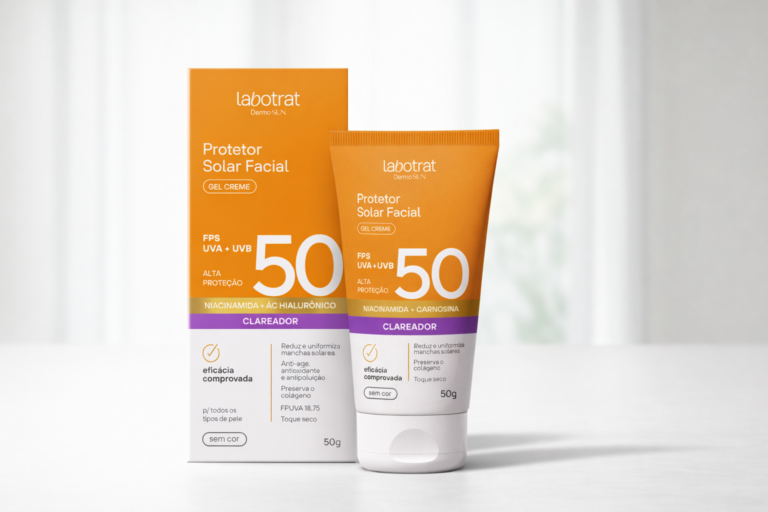 Protetor solar facial gel creme FPS 50 da labotrat Dermo Sun, com niacinamida, ação clareadora e proteção UVA e UVB para uso diário.