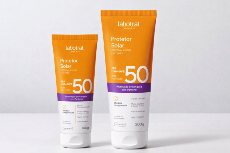 Protetor solar corporal e facial FPS 50 da labotrat Dermo Sun, com alta proteção UVA e UVB, toque seco e rápida absorção.