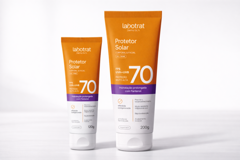 Protetor solar corporal e facial FPS 70 da labotrat Dermo Sun, com proteção muito alta, ação hidratante e resistência à água.