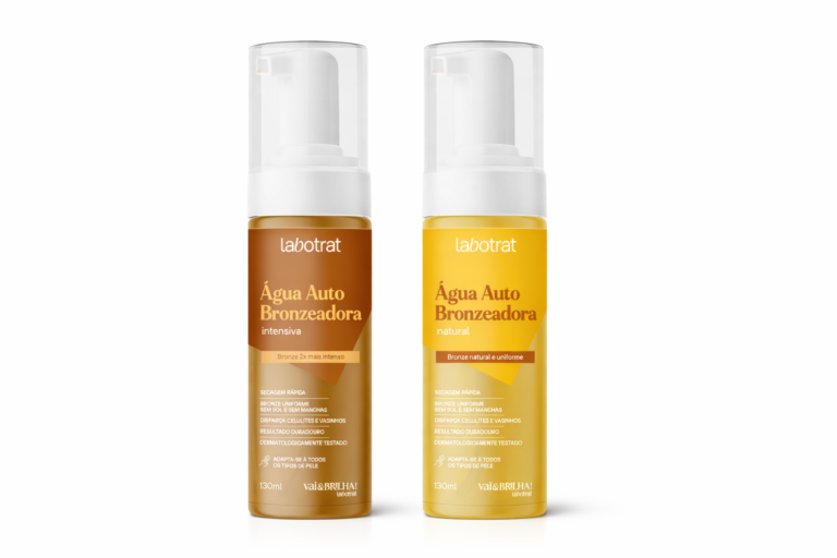 Águas Auto Bronzeadoras labotrat Vai&Brilha Bronze Natural e Bronze Intensivo, autobronzeadores com secagem rápida e acabamento uniforme.