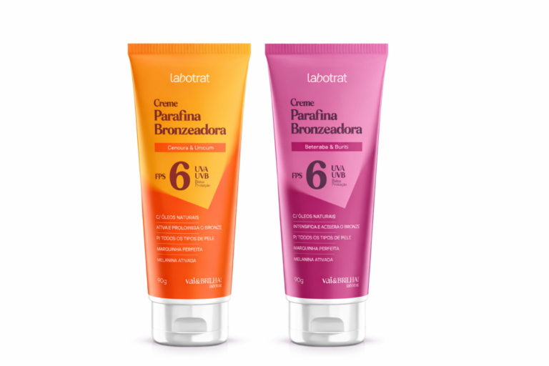 Cremes Parafina Bronzeadora labotrat Vai&Brilha com FPS 6 nas versões Cenoura e Urucum e Beterraba e Buriti, para bronzeado uniforme.