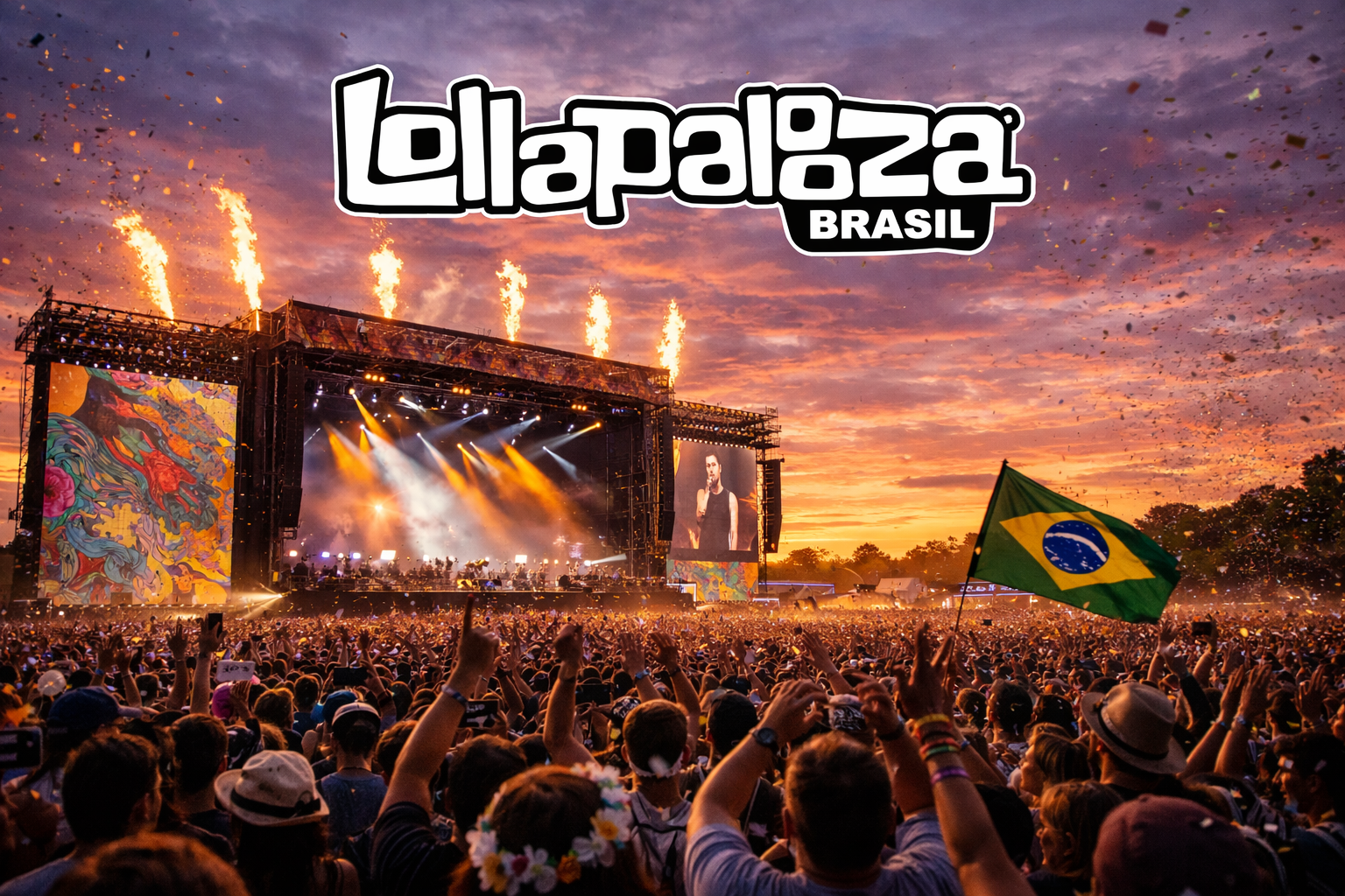 Palco principal do Lollapalooza Brasil lotado ao pôr do sol, com público vibrando, efeitos de fogo no palco, iluminação intensa e bandeira do Brasil erguida durante show ao vivo.