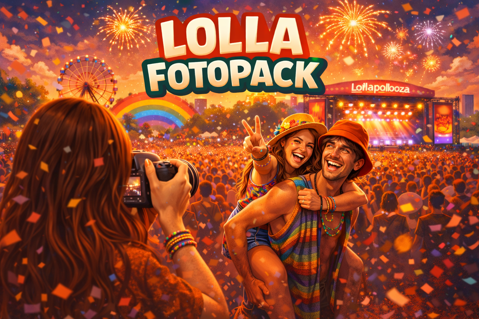 Casal posa para foto durante o festival Lolla, com palco iluminado ao fundo, público animado, fogos de artifício e clima de celebração no Lollapalooza.