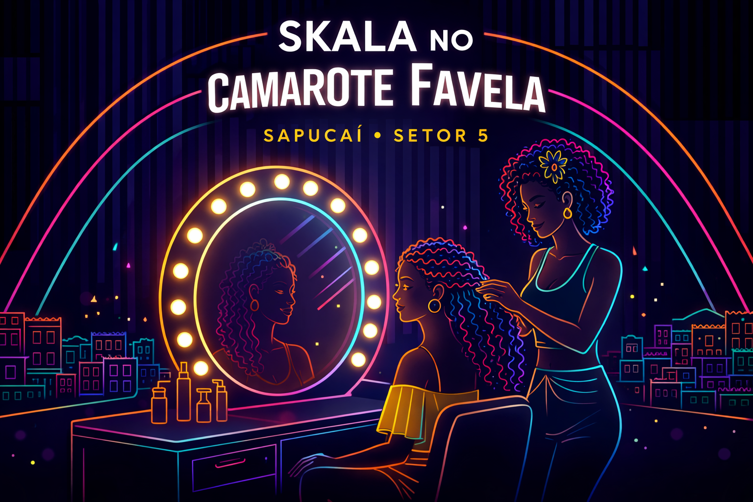 Perfeito 👌 aqui vai um texto alternativo (alt text) otimizado para SEO, incluindo a palavra-chave Skala de forma natural: Alt text: Ilustração em estilo neon com o título “Skala no Camarote Favela – Sapucaí Setor 5”, mostrando duas mulheres em uma ativação de beleza da Skala, onde uma realiza tranças na outra diante de uma penteadeira com espelho iluminado, em cenário inspirado no Carnaval carioca.