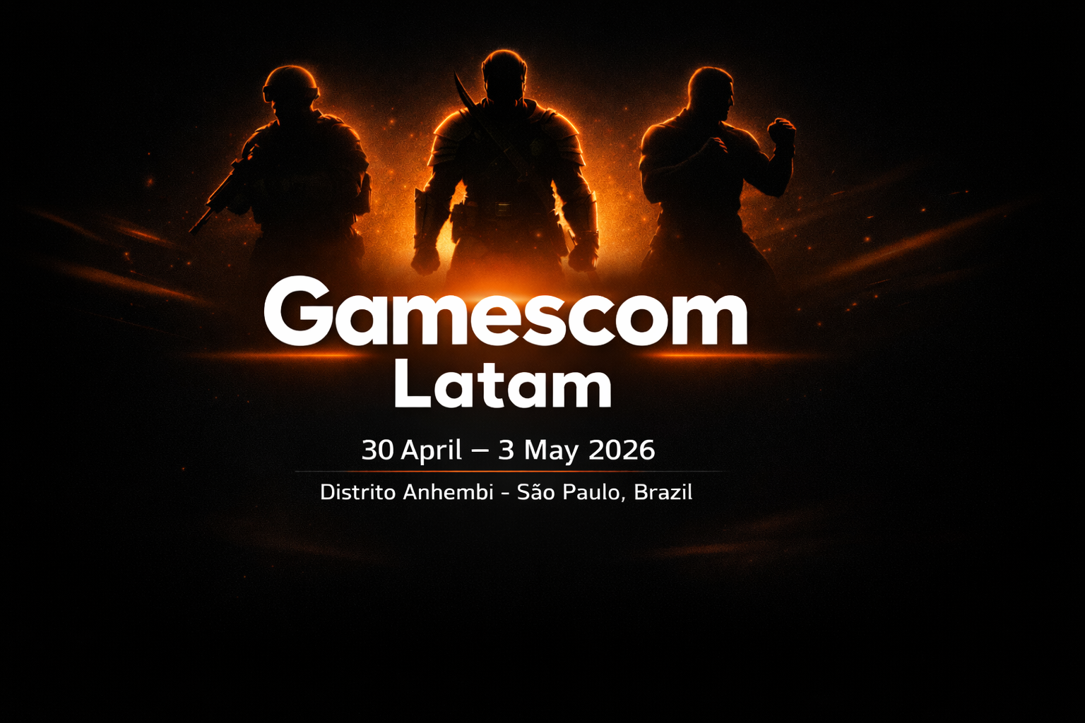 Banner promocional da gamescom Latam 2026 com fundo preto e iluminação laranja, três silhuetas de personagens de jogos ao topo e elementos gamer como controle, joystick retrô e teclado mecânico ao redor do título central.